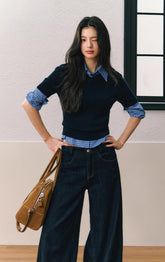 Round neck long sleeve slim sweater blue with plaid shirt